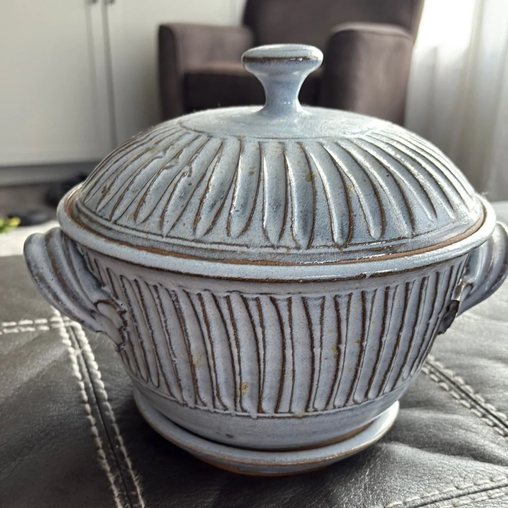 Coburn Blue Gray Handcrafted Pottery Covered Casserole Steamer Bundt Cake Dish
